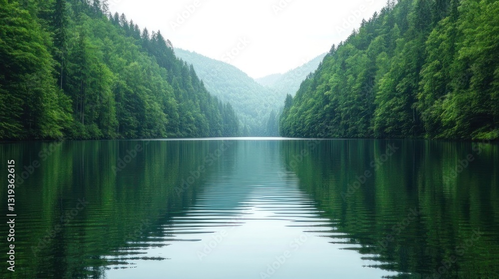 Obraz premium Serene mountain lake reflecting lush forest