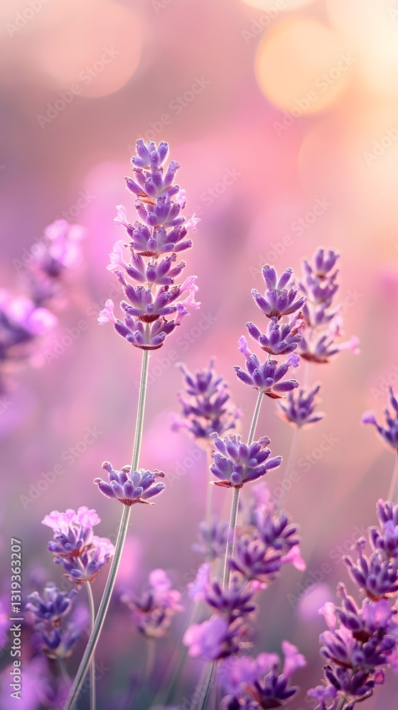 Naklejka premium Lavender Field at Sunset:Close-up view of vibrant purple lavender flowers in full bloom, bathed in the warm, golden light of the setting sun.