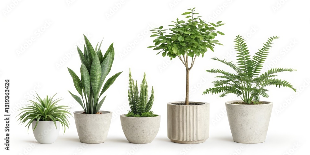 Obraz premium Potted Plants Assortment Spider Plant, Snake Plant, Tree, Fern in Concrete Pots on White Background, Indoor Plants, Home Decor