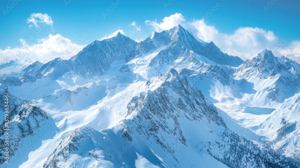 Snowy mountains under bright blue sky. Tall peaks covered in white snow. Beautiful landscape with light clouds. Winter scene in nature. Snowy mountains under bright blue sky. Tall peaks covered in white snow. Beautiful landscape with light clouds. Winter scene in nature.