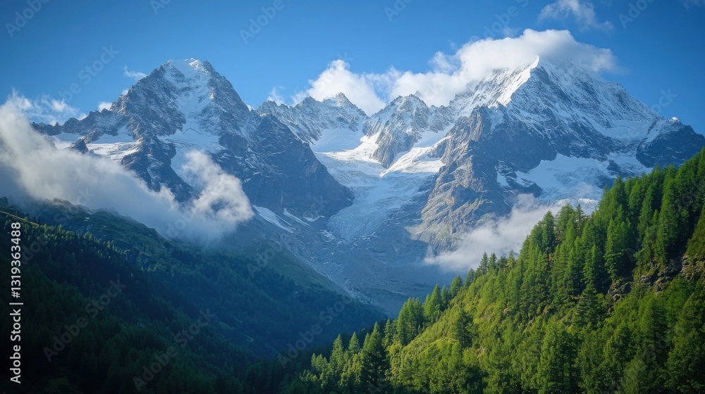 Fototapeta premium Snowy mountains rise above green trees. Clouds drift over the tall peaks. Sunny day in the high mountains. Nature scene and scenic view.