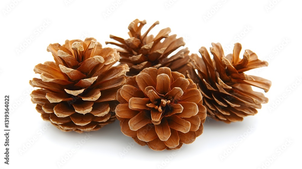 Four Detailed Brown Pinecones Arranged on a White Background Evoking Autumn and Nature Four Detailed Brown Pinecones Arranged on a White Background Evoking Autumn and Nature