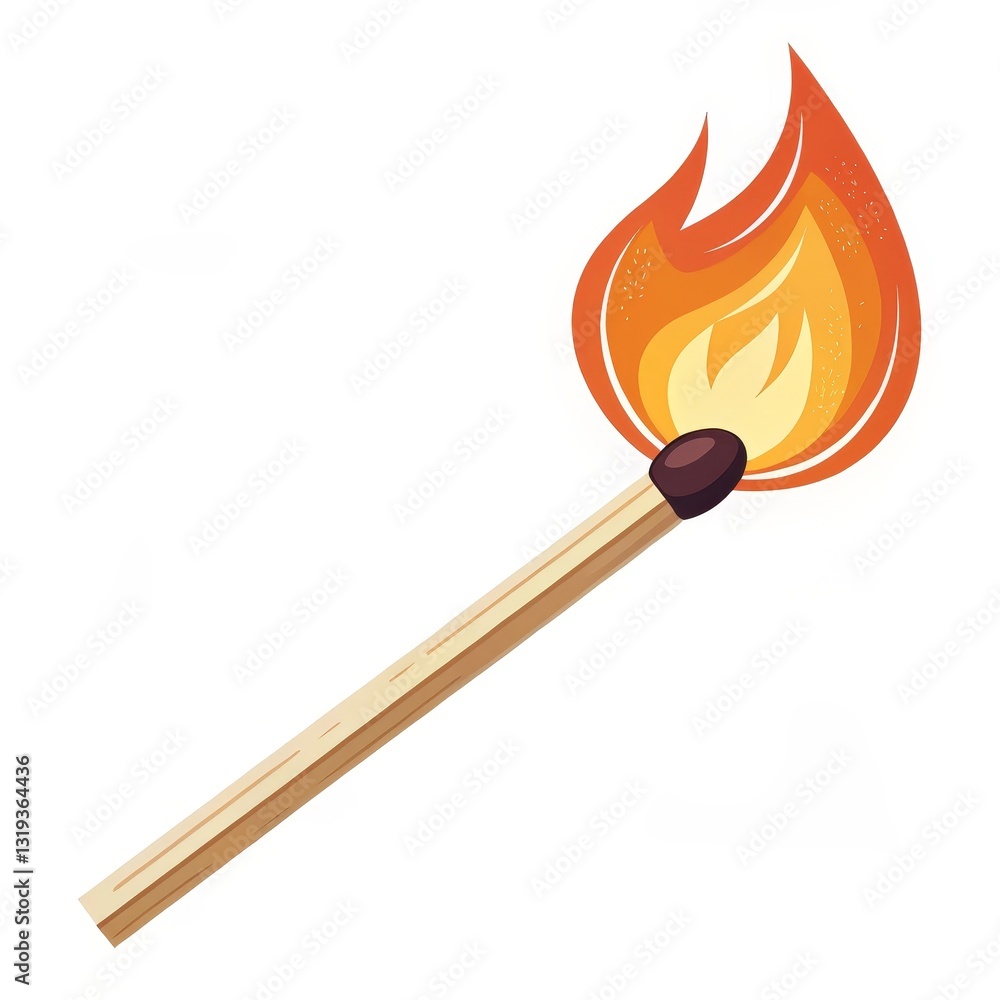 Lit Matchstick with Bright Flame on White, Ignition, Fire Safety Lit Matchstick with Bright Flame on White, Ignition, Fire Safety
