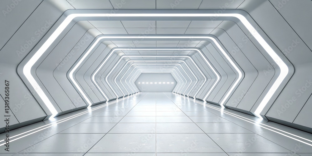 Obraz premium Futuristic Hexagon Tunnel with White Light, interior, corridor