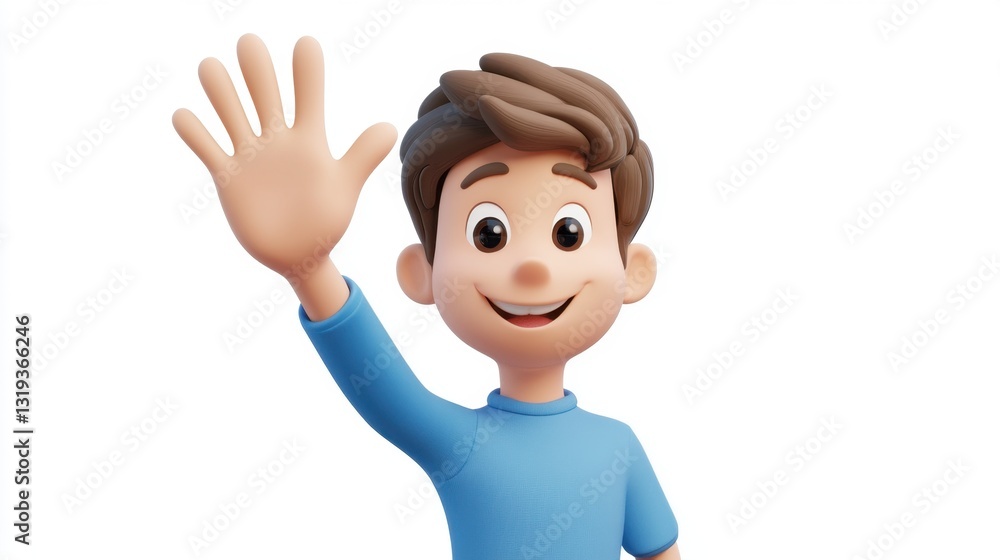 Cheerful cartoon boy waving with friendly smile isolated on white Cheerful cartoon boy waving with friendly smile isolated on white