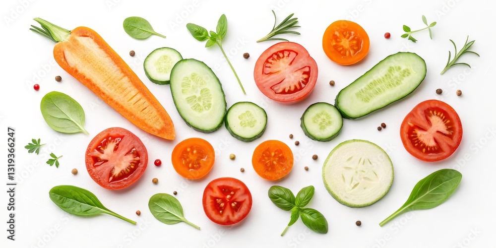 Flatlay of Fresh Vegetables Carrot, Tomato, Cucumber, Basil and Herbs on White, Healthy Eating , Vegan Flatlay of Fresh Vegetables Carrot, Tomato, Cucumber, Basil and Herbs on White, Healthy Eating , Vegan