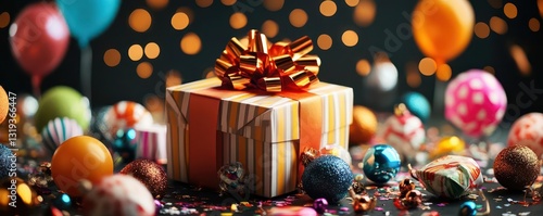 Colorful Gift Box Surrounded by Party Decorations and Balloons