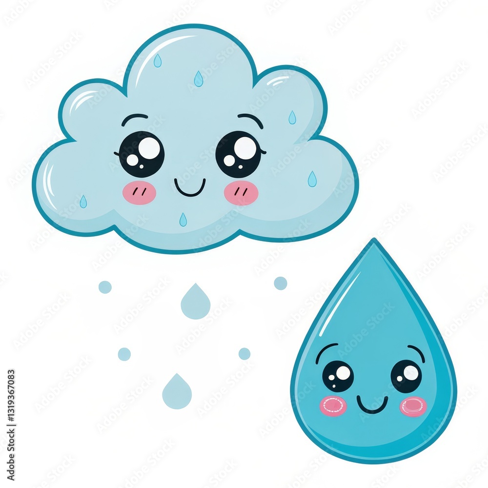 Cute Cloud and Droplet Cartoon with Kawaii Faces, Weather , Raindrops Cute Cloud and Droplet Cartoon with Kawaii Faces, Weather , Raindrops