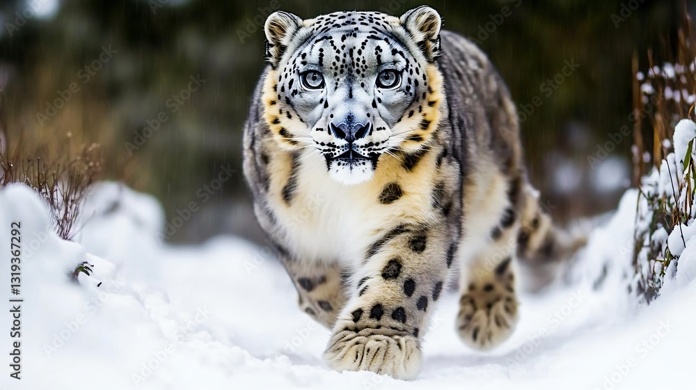 Snow leopard in action mountain region wildlife photography winter environment close-up view majestic predator Snow leopard in action mountain region wildlife photography winter environment close-up view majestic predator