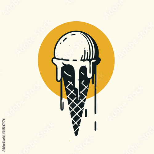Dripping ice cream cone illustration in retro style with yellow circle background and copy space