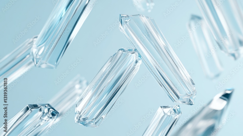 Transparent Crystal Shapes Floating Above a Soft Blue Background Transparent Crystal Shapes Floating Above a Soft Blue Background