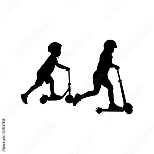 silhouettes of children playing on a scooter