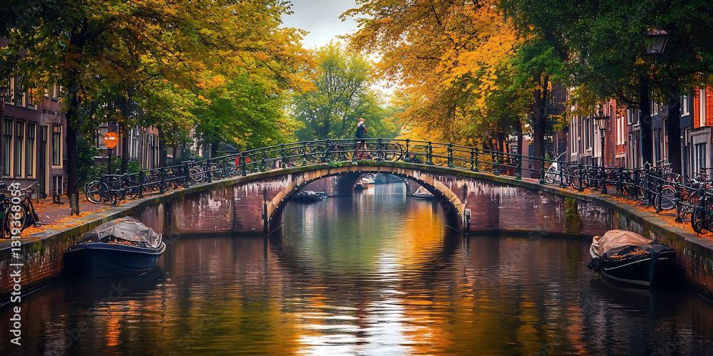 Naklejka premium Romantic Bridge Over a Peaceful Canal in a European Village for a Charming and Picturesque Setting