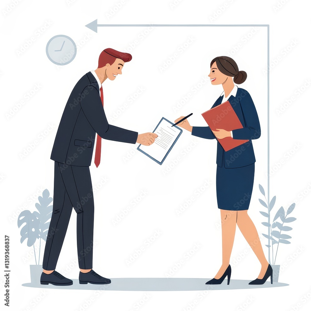 Fototapeta premium Business Agreement Man Handing Document to Woman for Signature, Contract ,Meeting