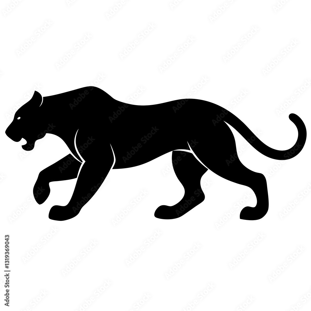 Obraz premium Black Silhouette of Prowling Jaguar with Sleek Muscles and Strong Posture on White Background