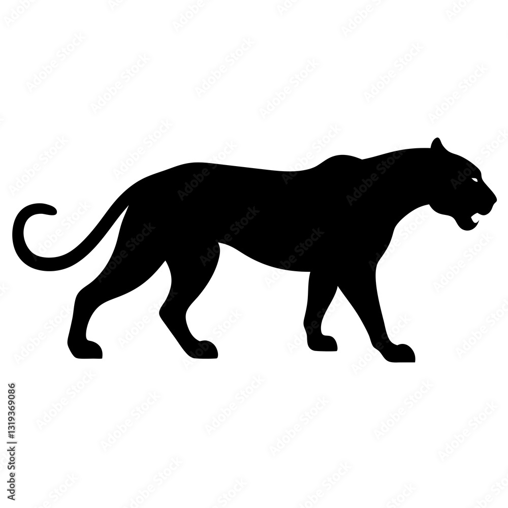 Obraz premium Black Silhouette of Prowling Jaguar with Sleek Muscles and Strong Posture on White Background