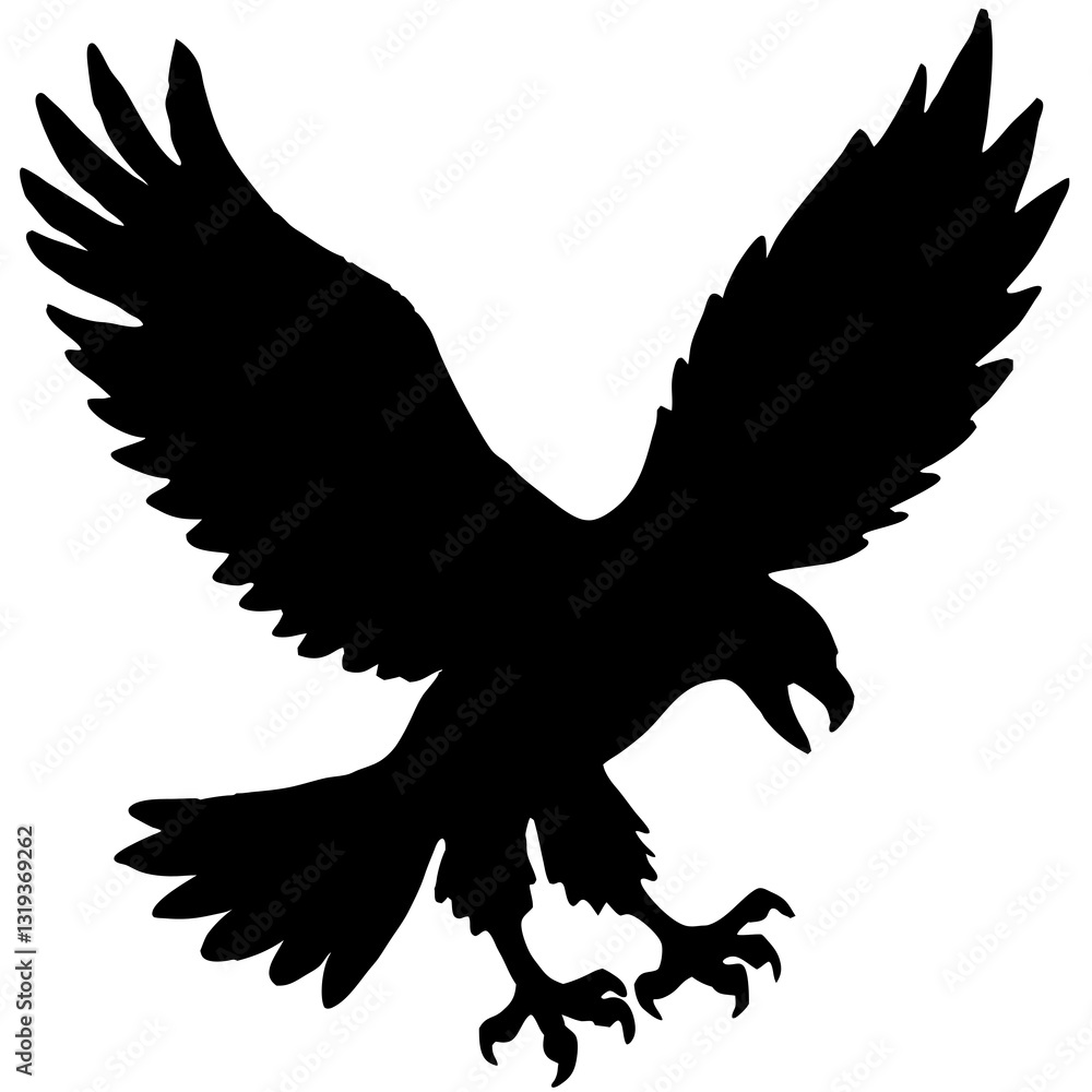 Fototapeta premium Black Silhouette of Majestic Eagle Soaring with Wings Spread Wide on White Background