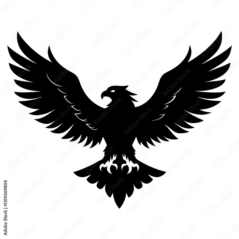 Fototapeta premium Black Silhouette of Majestic Eagle Soaring with Wings Spread Wide on White Background
