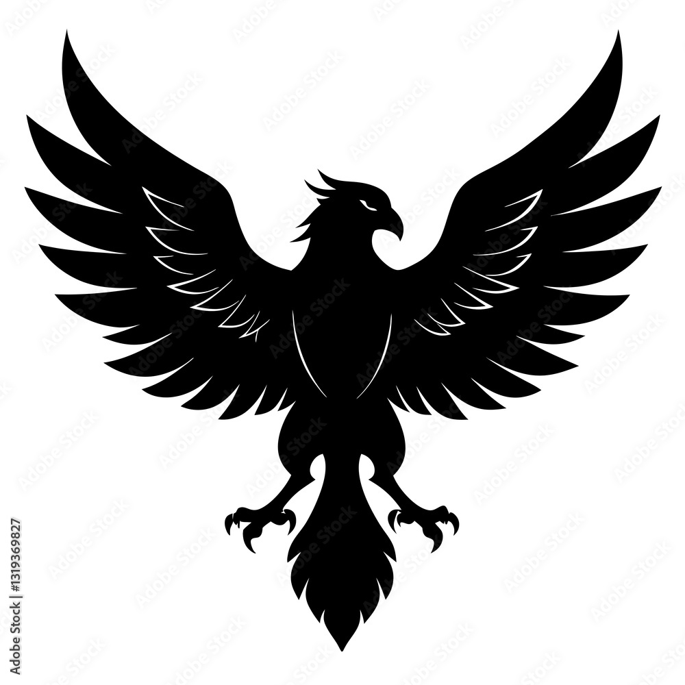 Obraz premium Black Silhouette of Majestic Eagle Soaring with Wings Spread Wide on White Background