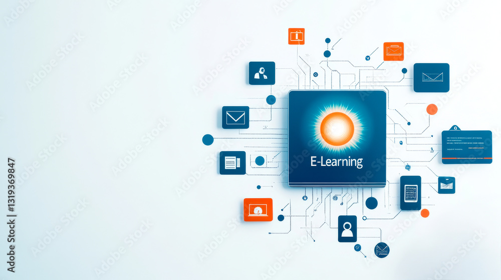 A visual representation of e-learning, featuring interconnected symbols related to online education and digital communication. A visual representation of e-learning, featuring interconnected symbols related to online education and digital communication.