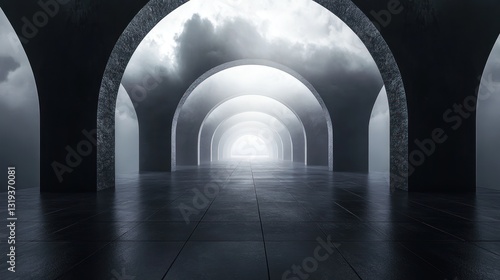 Fototapeta Naklejka Na Ścianę i Meble -  Dark archway tunnel, fog, light, futuristic, interior, architecture, background, product display