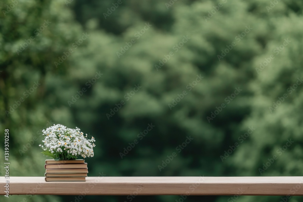Fototapeta premium scenic park bench with small stack of books and bouquet of fresh flowers on may day morning blurred natural background
