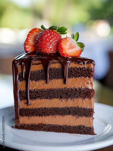 Decadent Slice of Cake: An exquisite slice of chocolate cake, layered with rich chocolate filling and drizzled with glossy chocolate sauce. Topped with fresh, vibrant strawberries.