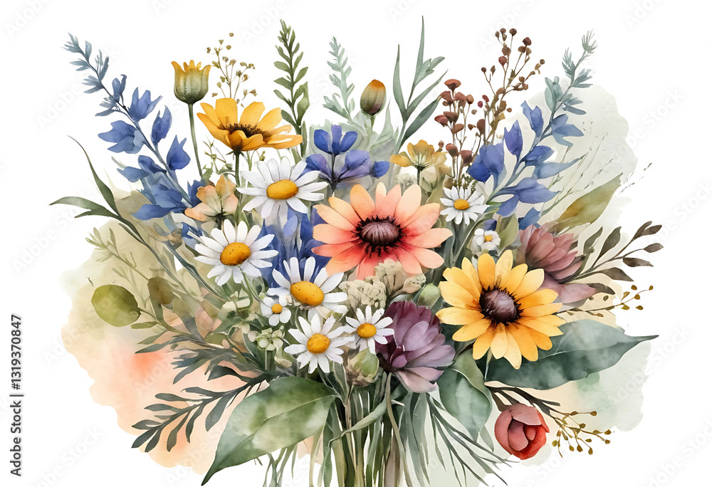 A wildflower bouquet with mixed colors and textures in watercolor style. A wildflower bouquet with mixed colors and textures in watercolor style.