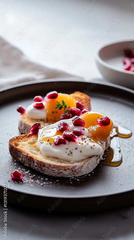 Toast with Greek yogurt, pomegranate seeds, and honey drizzle Toast with Greek yogurt, pomegranate seeds, and honey drizzle