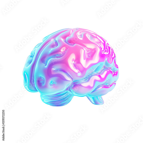 3d glass holographic icon brain. Rainbow crystal material with pink blueneon  gradient. 3D illustration on png
