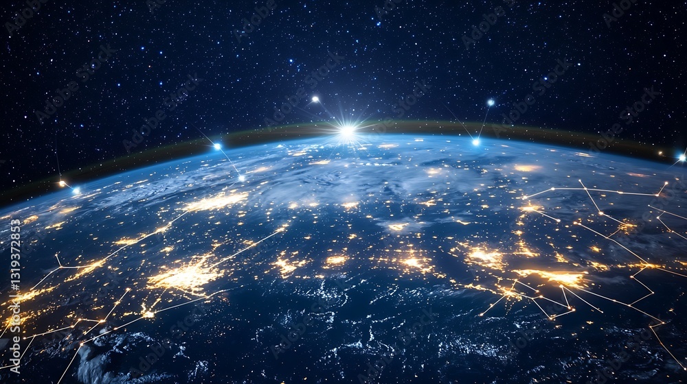 Obraz premium Global interconnectedness from space. A detailed view of Earth, network of interconnected lines, 