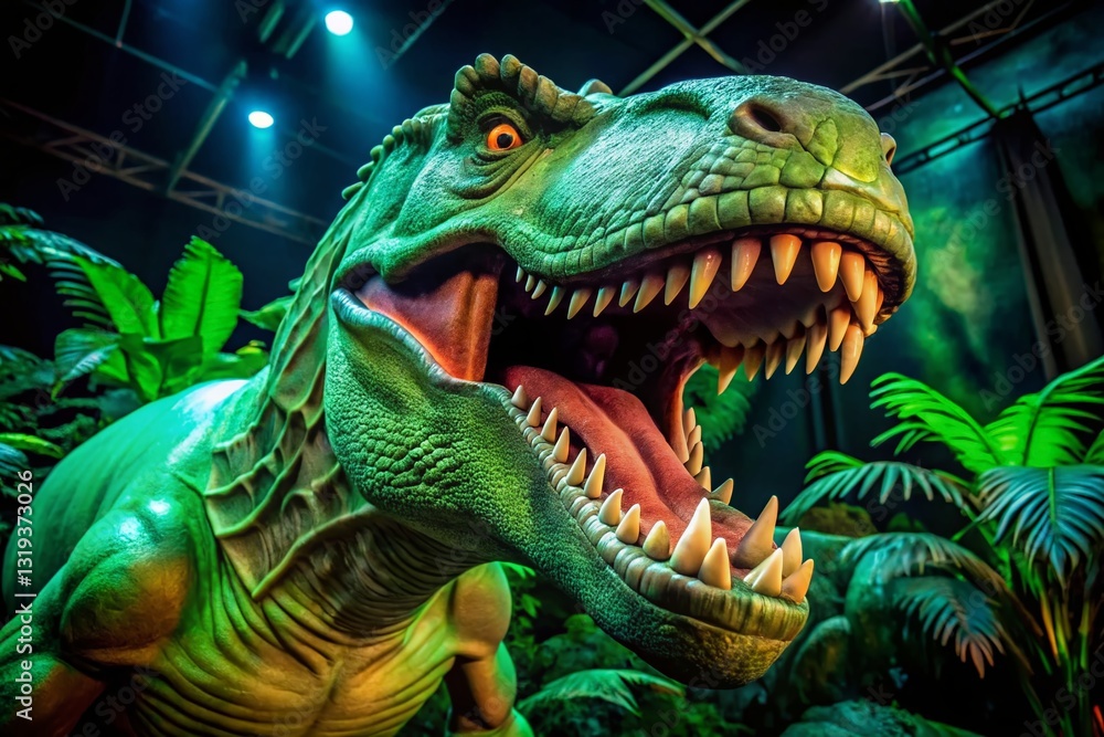 Obraz premium Colossal Green Tyrannosaurus Rex Devouring Food; Museum Exhibit Night Photography