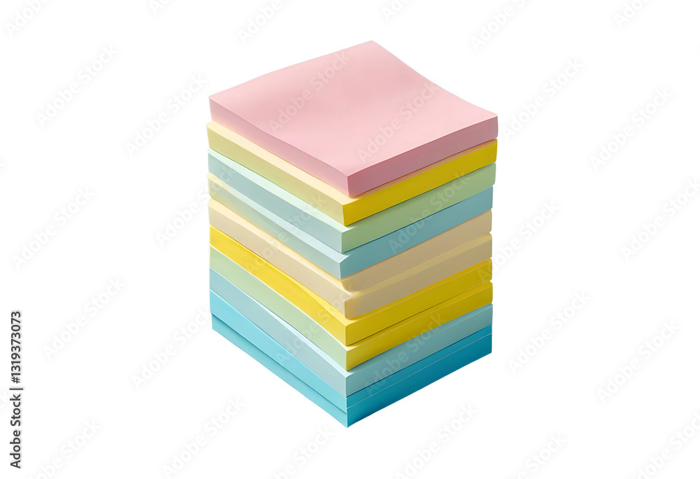 A stack of pastel-colored sticky notes (pink, yellow, blue, green) with a slight shadow effect, isolated on a transparent background, high-resolution, PNG. A stack of pastel-colored sticky notes (pink, yellow, blue, green) with a slight shadow effect, isolated on a transparent background, high-resolution, PNG.