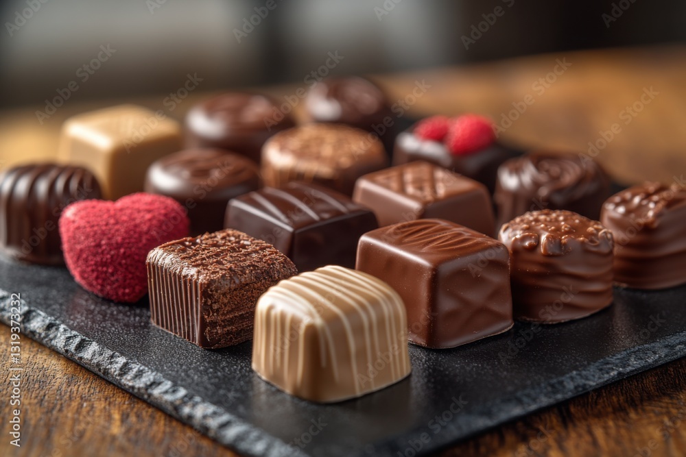 Assorted gourmet chocolates on a black slate board perfect for gifting or enjoying as a sweet treat Sweet delights! Assorted gourmet chocolates on a black slate board perfect for gifting or enjoying as a sweet treat Sweet delights!