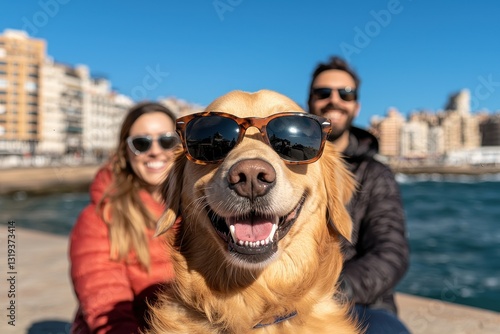 A happy golden retriever wearing sunglasses poses for a selfie with two smiling people against a sunny waterfront backdrop.