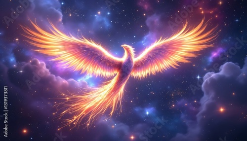 Fiery Phoenix Soaring Through Starry Night Sky