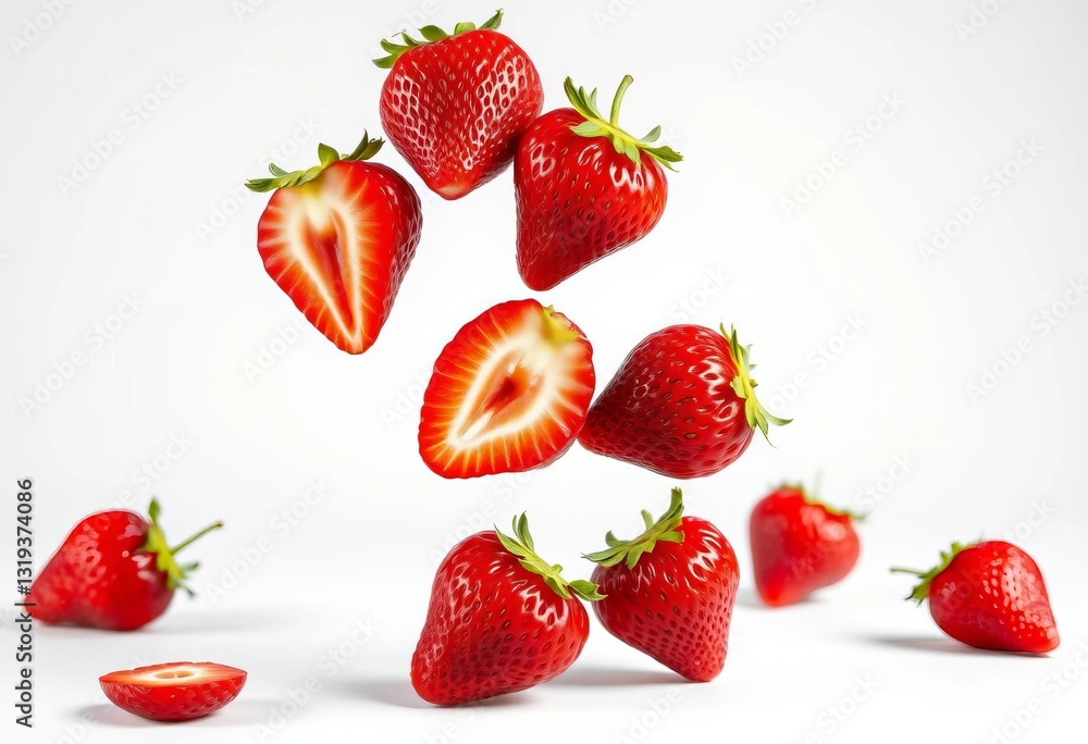 Sliced strawberries levitate against a white background, levitating strawberries, airborne Sliced strawberries levitate against a white background, levitating strawberries, airborne