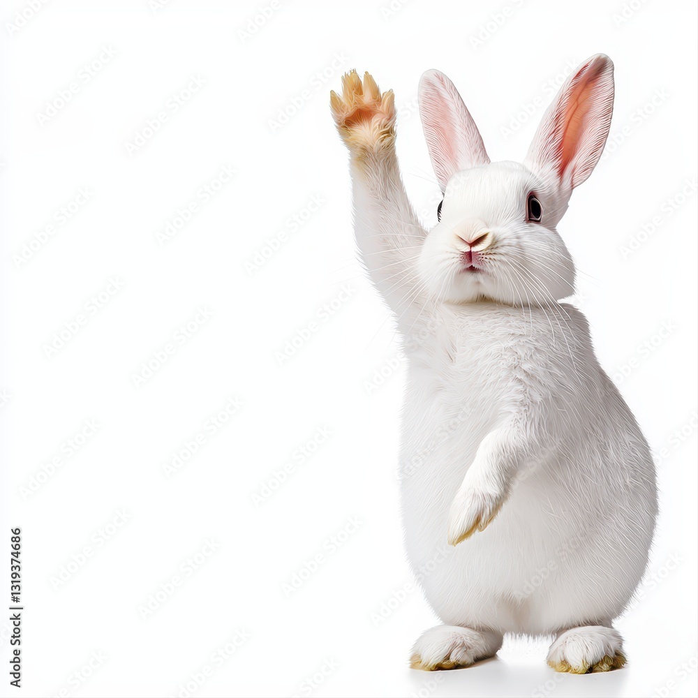 Fototapeta premium A whimsical white rabbit with its arms up in a playful gesture exuding elegance and joy in a delightful setting