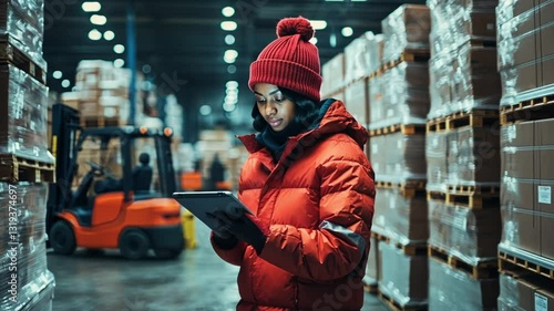 Warehouse Worker Using Tablet in Cold Storage Facility