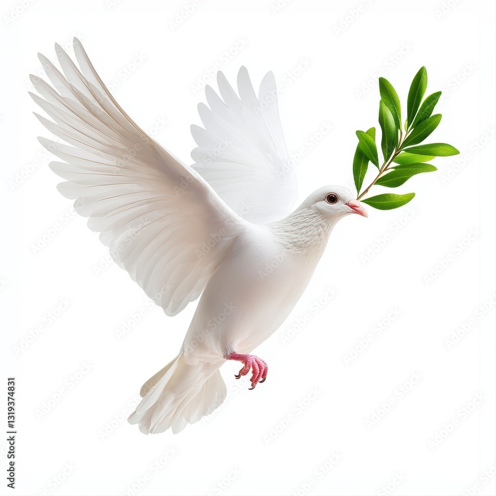 Fototapeta premium Majestic white holding an olive branch in its beak symbolizing peace and hope against a pure white background