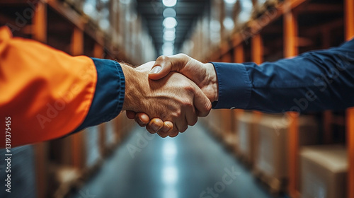 Closeup handshake between workers in orange and blue uniforms in warehouse