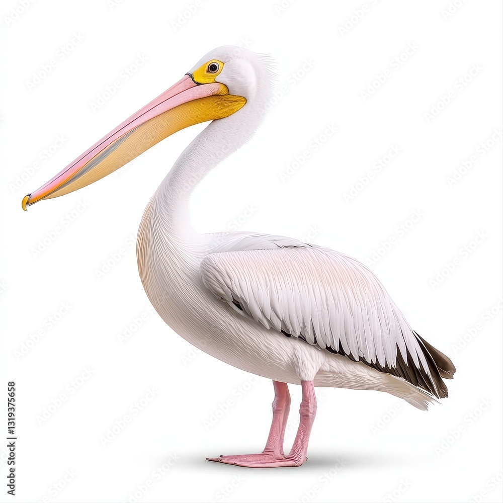 Obraz premium Elegant white pelican with a distinctive white pouch displaying its unique features against a clean white background