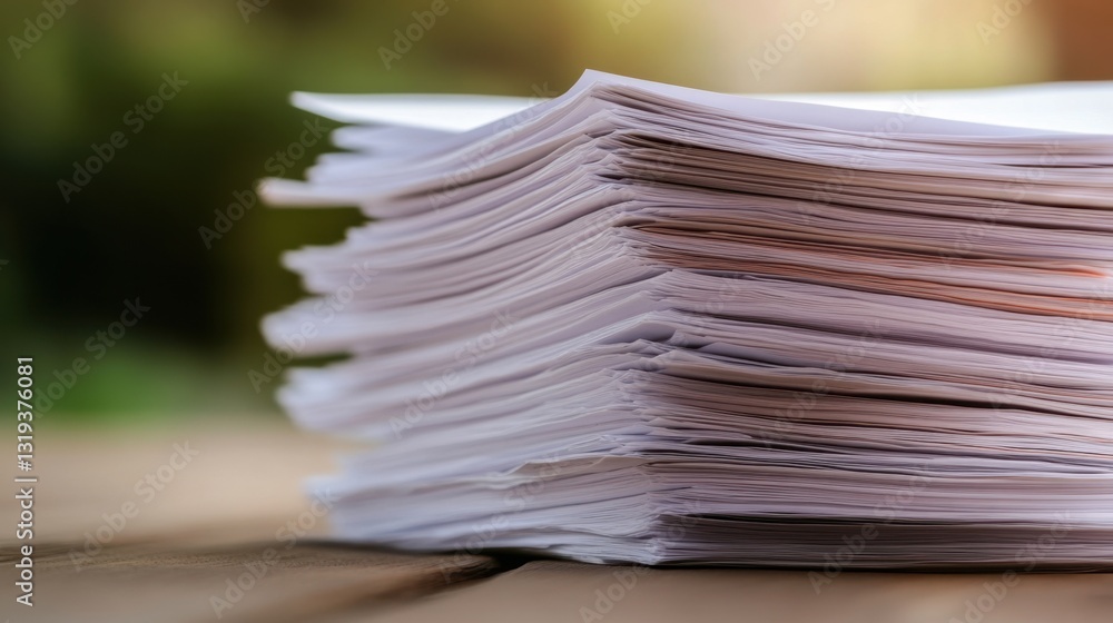 Close-Up of Neatly Stacked Sheets of Paper on a Wooden Surface Close-Up of Neatly Stacked Sheets of Paper on a Wooden Surface