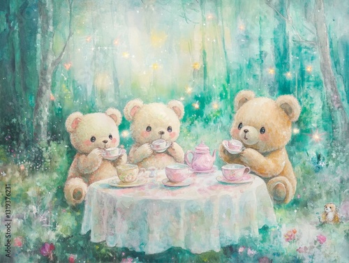 Teddy Bears Enjoying Tea Party in Enchanted Forest Glade Watercolor Style Artwork with Magical Light