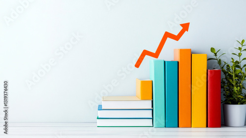 A colorful stack of books with an upward arrow and a small plant, symbolizing growth and knowledge in a bright and minimalistic setting.