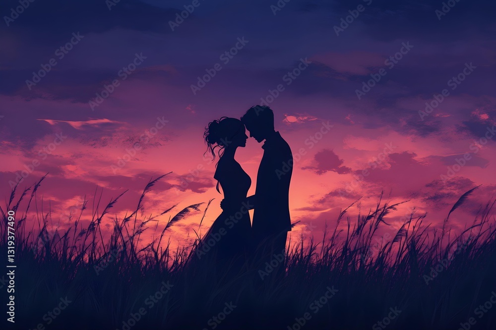 custom made wallpaper toronto digitalRomantic Twilight Embrace: Couple Silhouette Against a Vivid Sunset Sky, Perfect for Love & Relationship Themes, Ideal for Valentine's Day, Anniversary or Wedding Designs