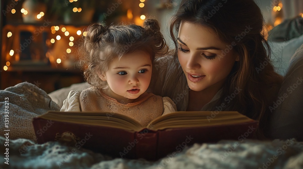 A cozy scene of a mother reading a classic fairy tale to her toddler, ideal for children's literature promotions, family storytelling events, or decoration in nurseries. A cozy scene of a mother reading a classic fairy tale to her toddler, ideal for children's literature promotions, family storytelling events, or decoration in nurseries.