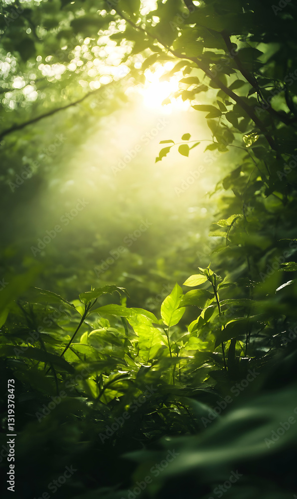 Obraz premium Sunlit foliage panorama through a verdant forest, nature's embrace, calming backdrop.