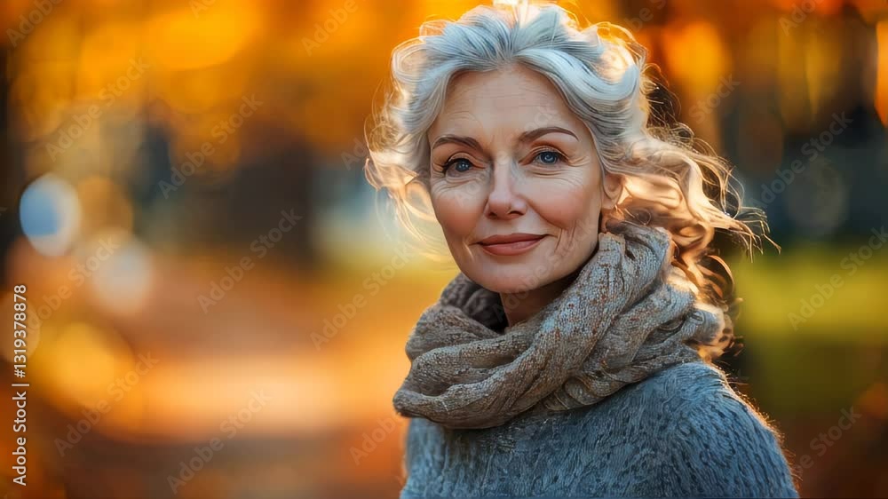 A happy elderly woman in a yellow jacket enjoying a peaceful hike in an autumn forest A happy elderly woman in a yellow jacket enjoying a peaceful hike in an autumn forest