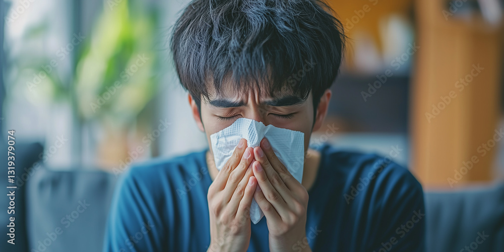 asian man feeling unwell, blowing his nose using tissue, feeling sick at home asian man feeling unwell, blowing his nose using tissue, feeling sick at home